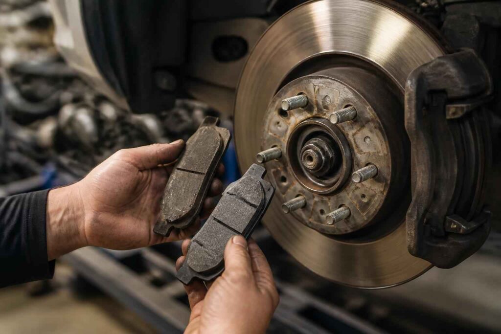 Klocki hamulcowe przy zdjętym kole Mechanik trzyma zużyte klocki hamulcowe obok tarczy i piasty samochodu